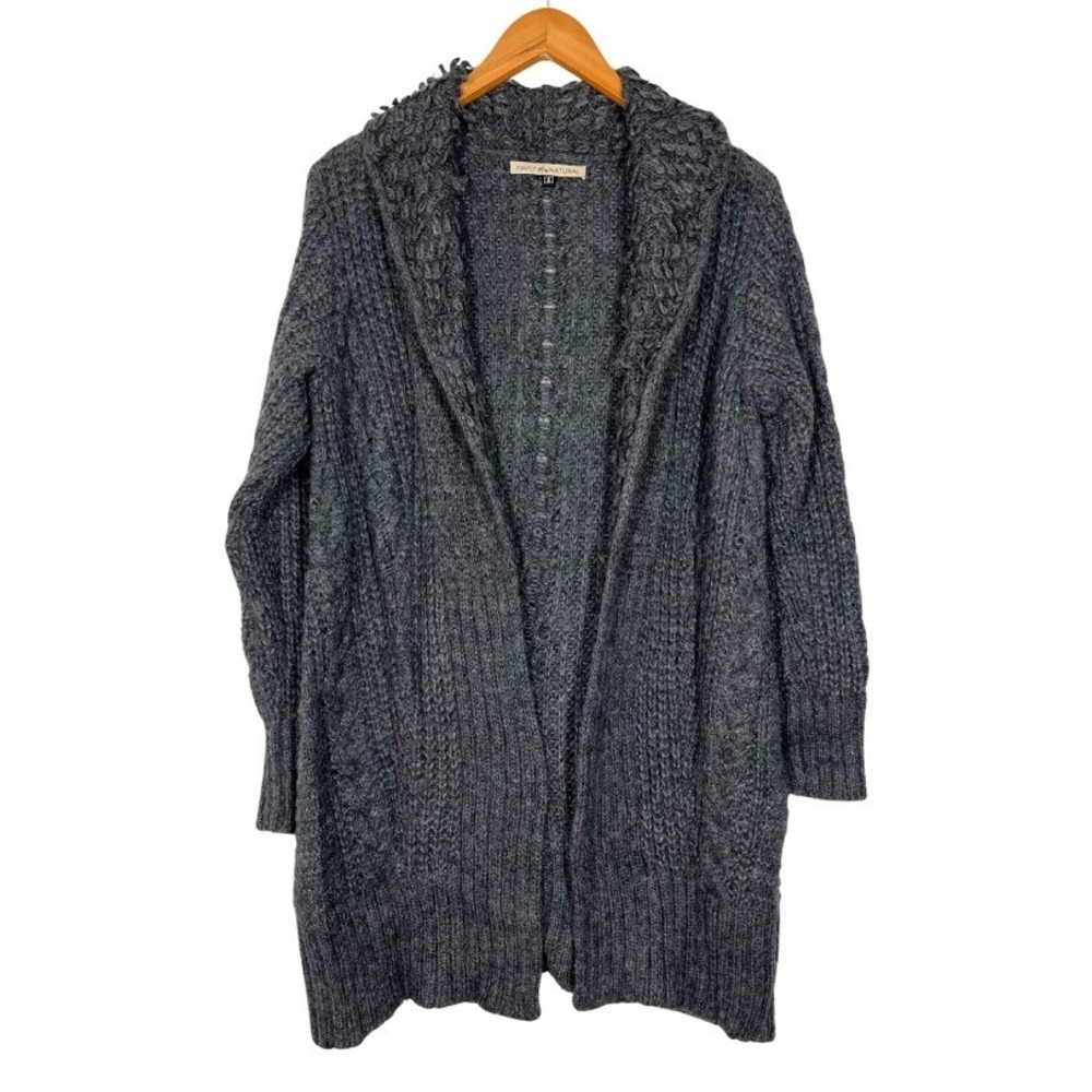 Simply Natural Charcoal Gray 100% Baby Alpaca Cable Knit Shawl Cardigan Small